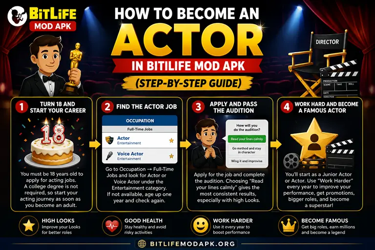 How to become an actor in bitlife mod setp by step guide 2026